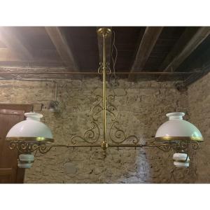 Antique Billiard Chandelier In Brass And Opaline Glass – Late 19th Century