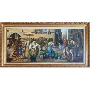 Carlo Roberto La Volpe - Large Animated Neapolitan Market Scene - Oil On Canvas - 20th Century