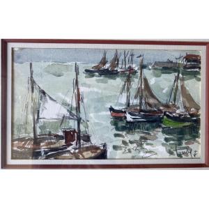 Fernand Herbo (1905-1995) - A Lively Sea Of Sailboats, Watercolor