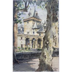 Alma - Le Château De Pau, Original Watercolor Signed And Dated 1997