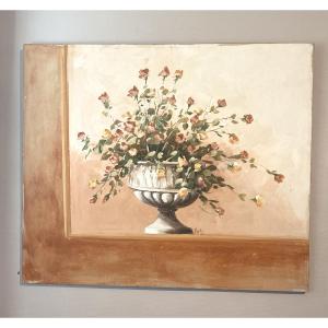 Large Italian Decorative Fresco “vase Con Fiori” – Certified Work – Biarritz Provenance – 1950