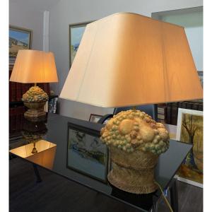 Pair De Lampes Françaises En Terre Cuite Estampée à La Main - Clertan France - Circa 1950
