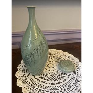 Antique Joseon Celadon - Bottle Vase And Matching Covered Box