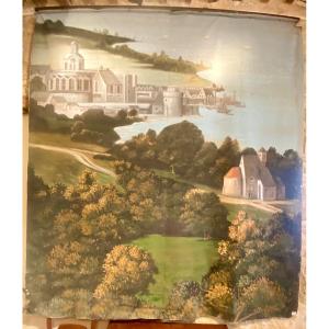 Painted Decor Of A Medieval Village By A Lake, 19th Century