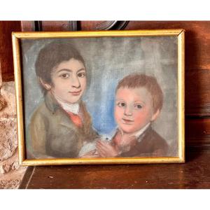 Portrait Of Two Children With A Rabbit, Pastel Early 19th Century