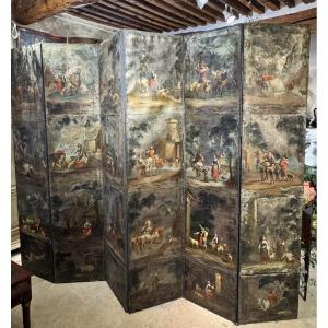  Italian Screen, Six Leaves In Painted And Silvered Leather, Country Scene  17th Century 