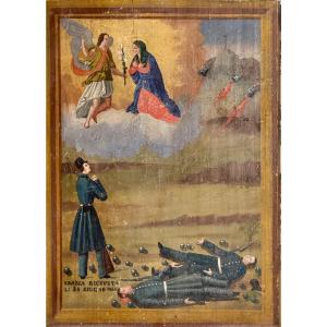 19th Century Italian Ex-voto – Naive Painting On Wood – Dated June 24, 1866