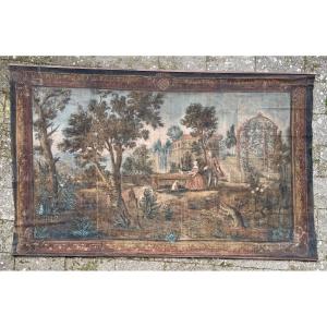 Large Painted Canvas Depicting A Park Scene And A Gallant Scene, Decorative Work From The 18th Century.