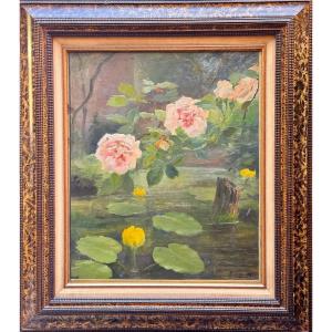 Oil On Canvas - Roses Over A Water Lily Pond - Signed F. Lindley - XIXs