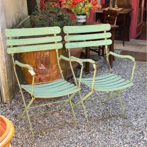 Pair Of Large 19th-century Folding Garden Armchairs In Iron And Wood -