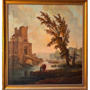 Large Oil Painting - Lively Landscape In Front Of A Watchtower - 18th Century