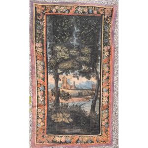 Large 18th Century Provencal Painted Canvas - Animated Landscape And Floral Border - 2.91 M