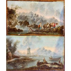 Pair Of Small Oils Attributed To Jean Baptiste Pillement