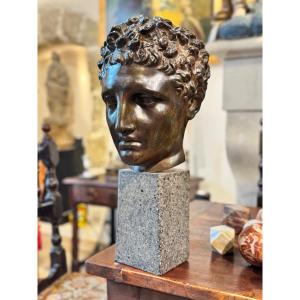 Large Hermes Mask In Patinated Bronze On Terrazzo Base, Grand Tour Period, Late 19th Century