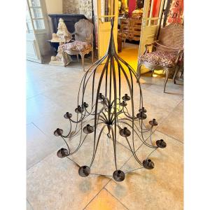Very Large Flat Wrought-iron Chandelier, Late 19th Century