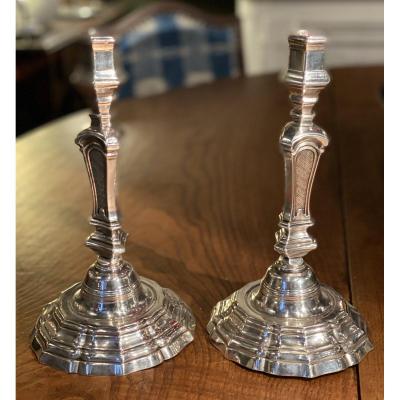 Pair Of Louis XV Silvered Bronze Candlesticks, 18th Century
