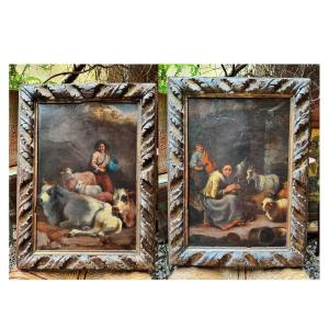 Pair Of Animal Paintings, Rustic Scenes, 18th Century, Original Carved Frames