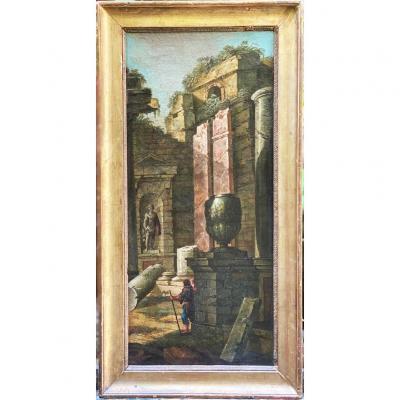 Italian Architectural Capriccio, 18th Century, Oil On Canvas With Temple Decor