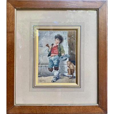 Young Acrobat And His Monkey, Signed Watercolor By Granval, 19th Century