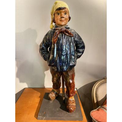 Glazed Terracotta Sculpture Of A Young Sailor In Blue Raincoat, Faïencerie De Bavent, 20th Cent