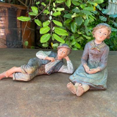 Couple Of Small Peasants In Polychrome Terracotta 19th