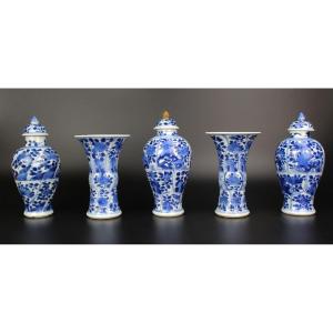 Chinese Porcelain Kangxi 5-piece Garniture Set Blue & White Vases 17th Century Qing Dynasty C. 