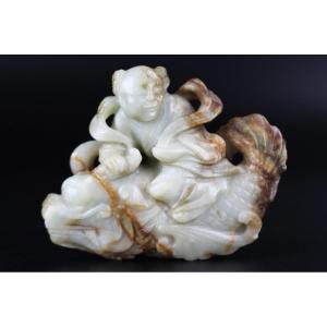 Chinese Jade Figure 17th / 18th Century Ming / Qing Dynasty Celadon And Russet Jade Figurine