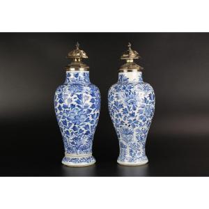 Chinese Porcelain Kangxi Blue And White Baluster Vases 2x Antique Silver Mounted Qing Dynasty