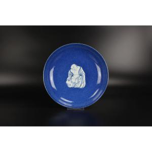 Chinese Porcelain Powder Blue Ground Blue And White Budai Dish, Kangxi, Qing Dynasty