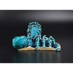 Chinese Porcelain Brush Rest With Turquoise Glaze, "mountain And Peach" Decoration, Kangxi