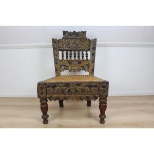 A Carved Low Wooden Chair,  Probably A Children’s Chair, Rajasthan, India, Or Java, Indonesia