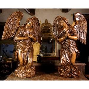 Large Pair Of Winged Angels In Adoration, Eighteenth Century