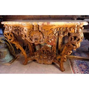 Regency-era Console Table In Light Oak With Aleppo Breccia Marble