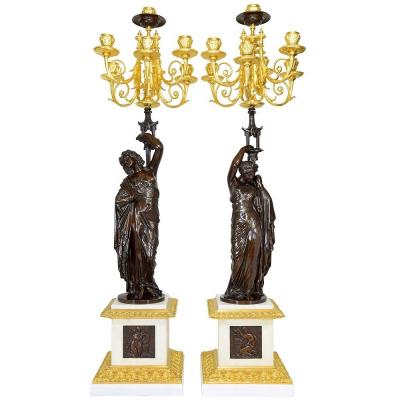 Large Pair Of Candelabra In The Antique Signed Pradier