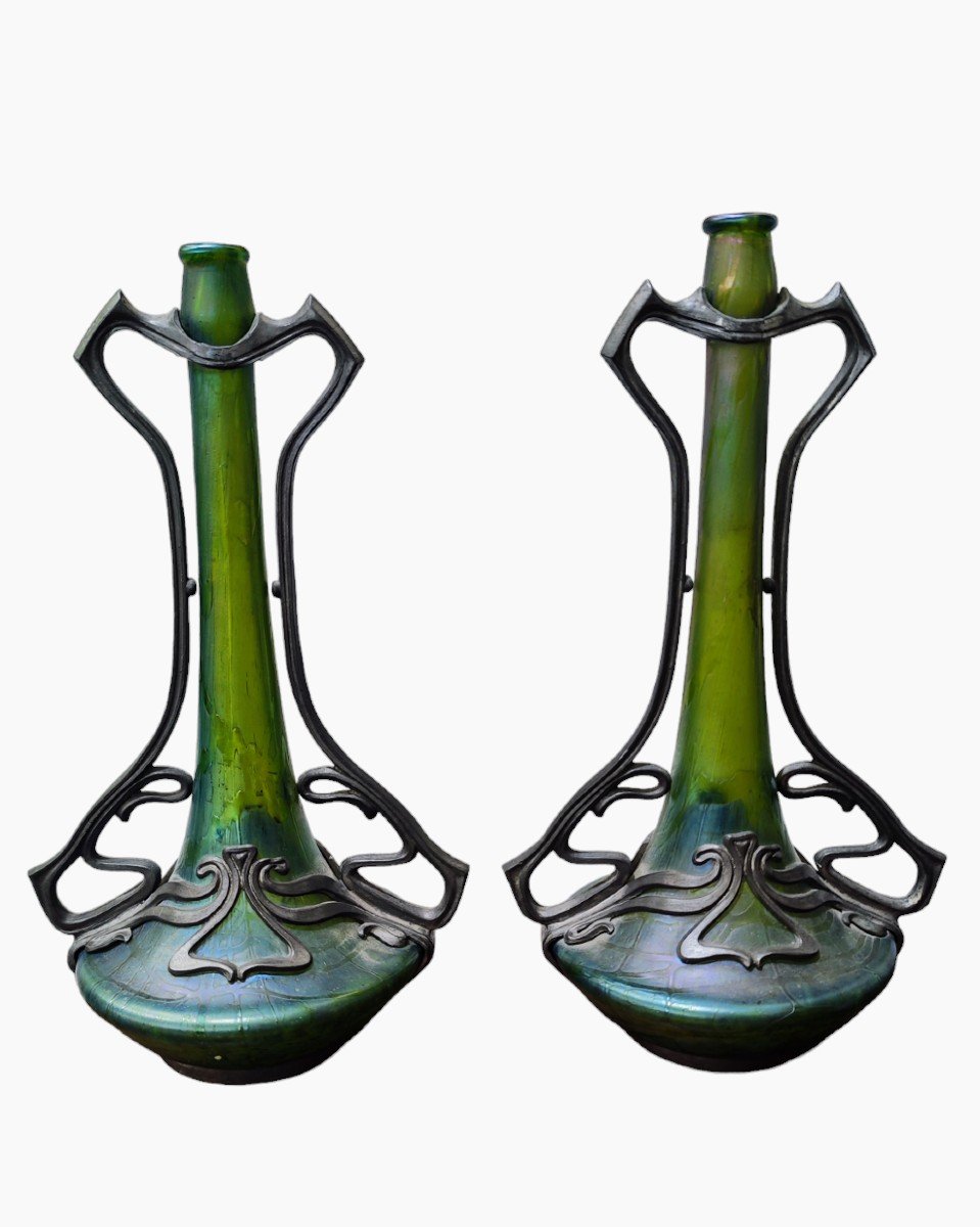 Coppia di vasi Liberty in vetro Loetz 