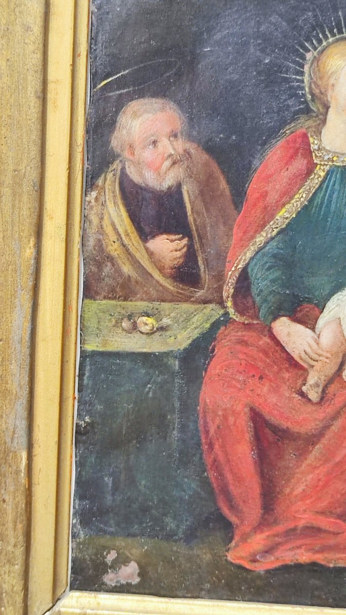 Olio su rame, inizi XVII secolo – Madonna col Bambino, San Giuseppe e angelo con simboli della -photo-2