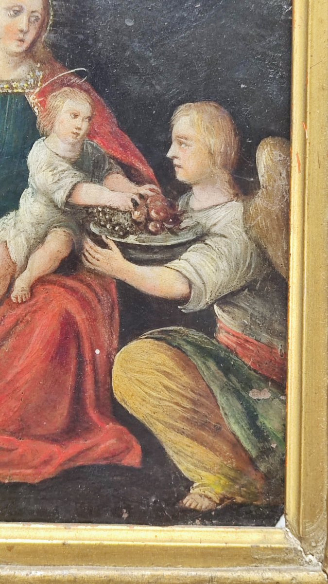 Olio su rame, inizi XVII secolo – Madonna col Bambino, San Giuseppe e angelo con simboli della -photo-3