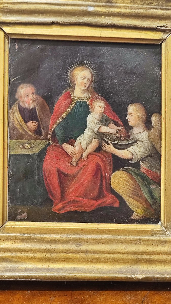 Olio su rame, inizi XVII secolo – Madonna col Bambino, San Giuseppe e angelo con simboli della -photo-4