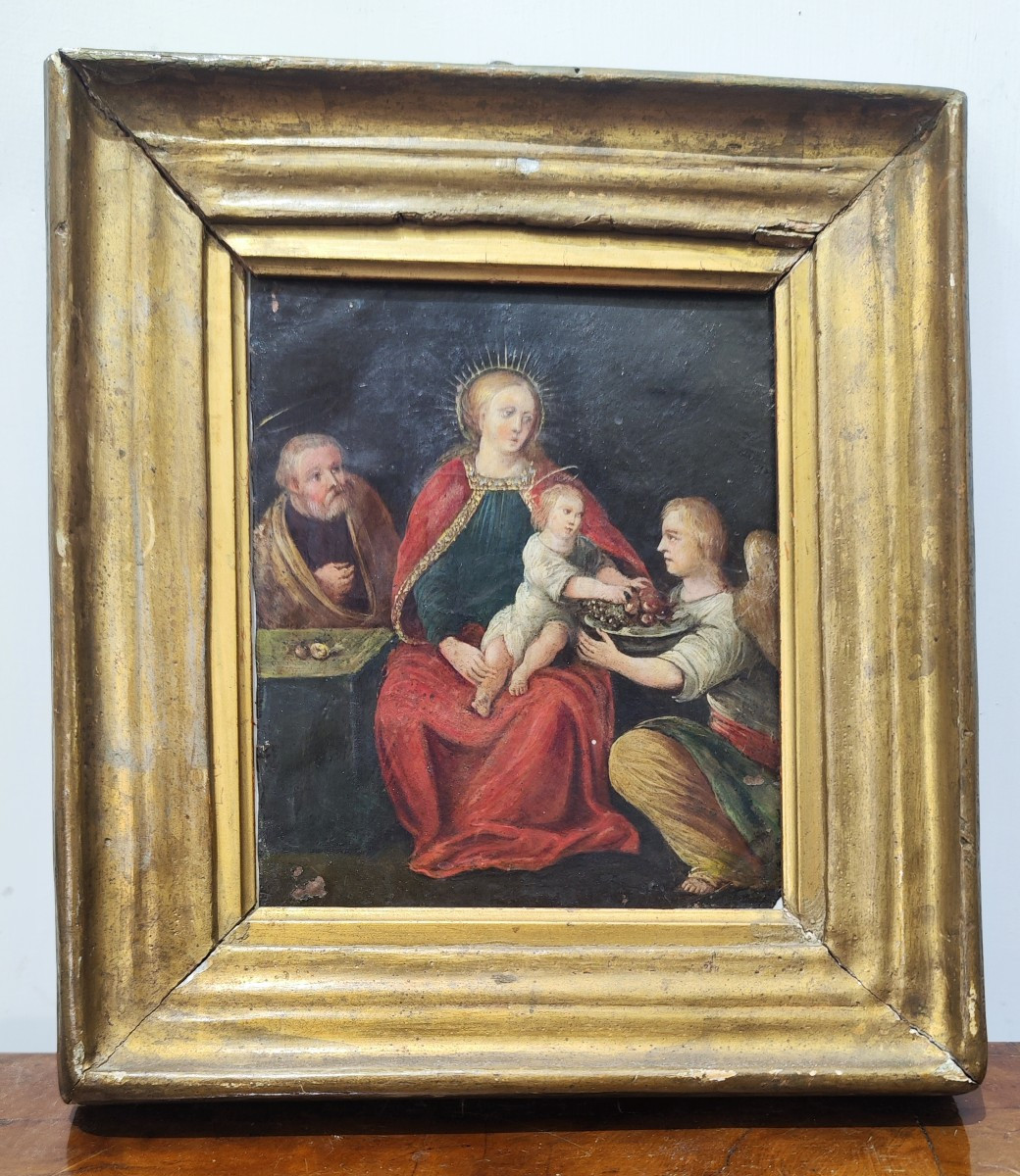 Olio su rame, inizi XVII secolo – Madonna col Bambino, San Giuseppe e angelo con simboli della 