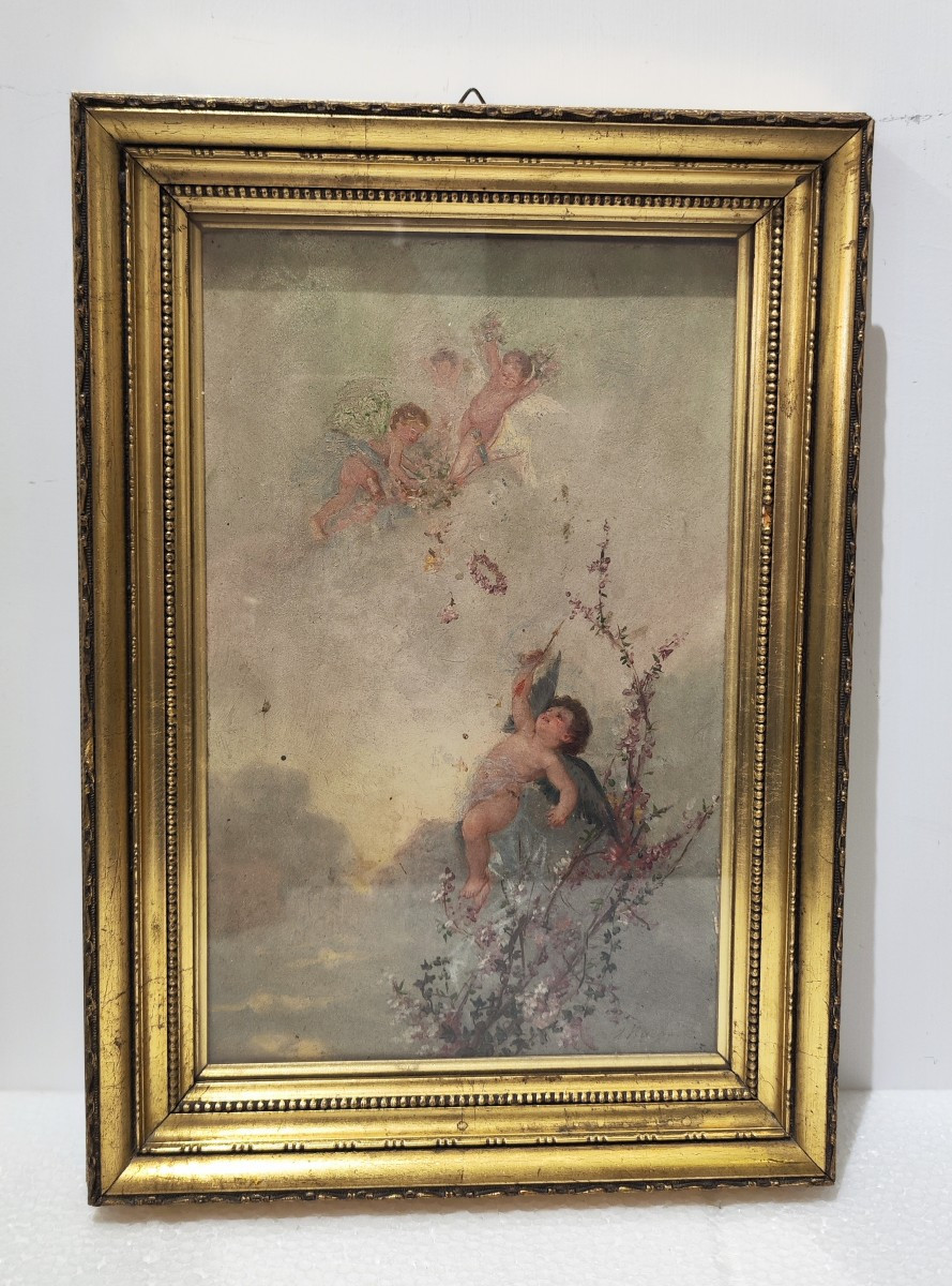 Olio su tavola raffigurante degli angeli 