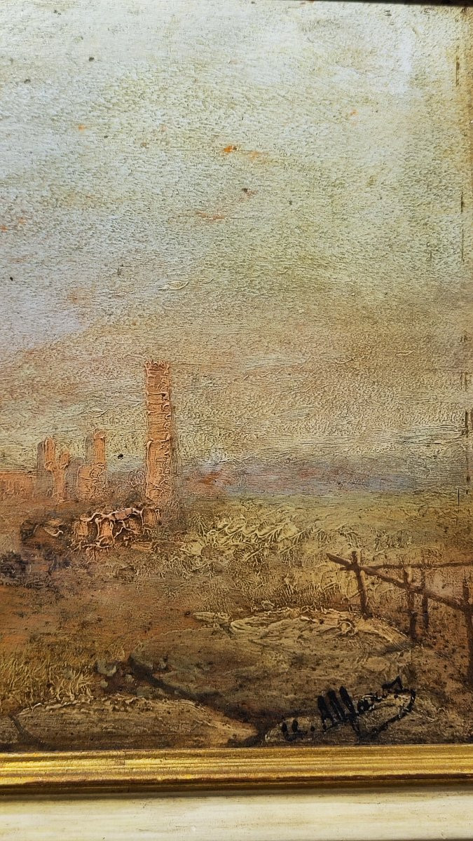 Olio su tavola del XIX secolo raffigurante una veduta di rovine classiche.-photo-2