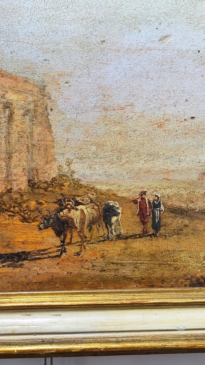 Olio su tavola del XIX secolo raffigurante una veduta di rovine classiche.-photo-3