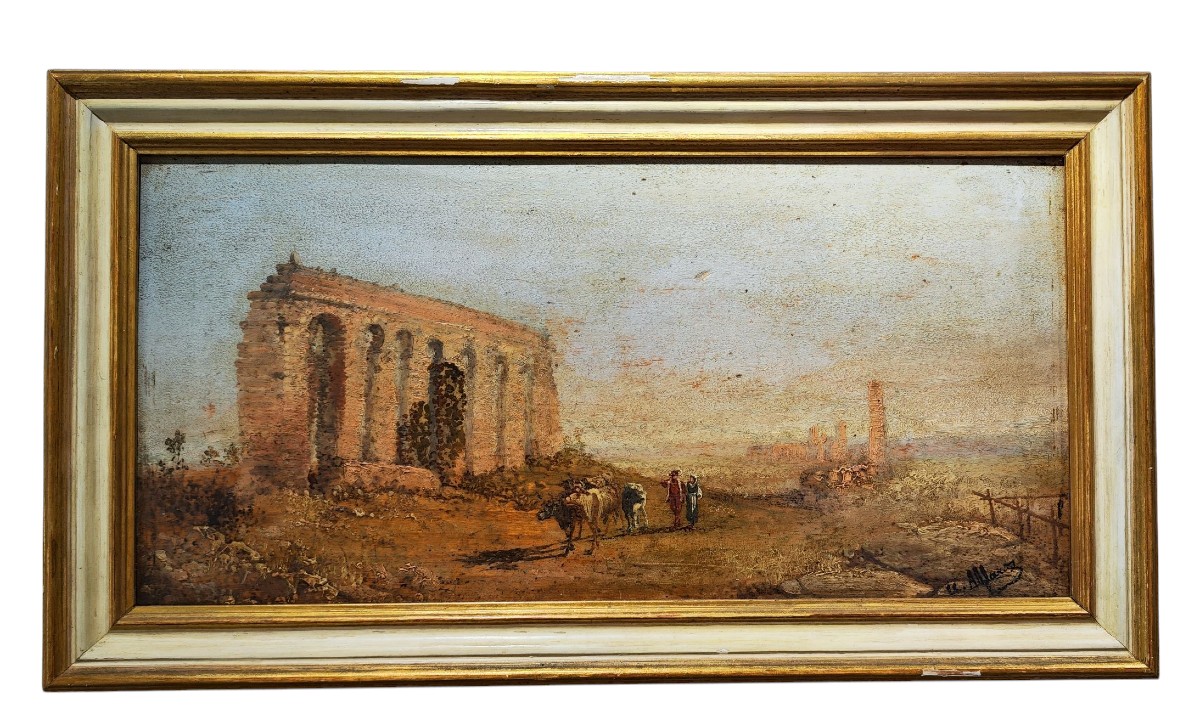 Olio su tavola del XIX secolo raffigurante una veduta di rovine classiche.