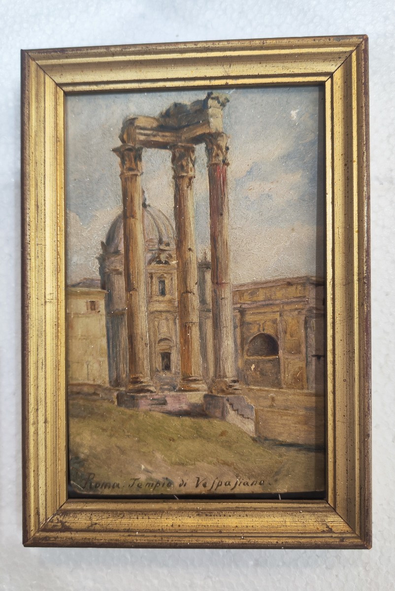 Dipinto ad olio delle rovine romane del Tempio di Vespasiano, grand tour 