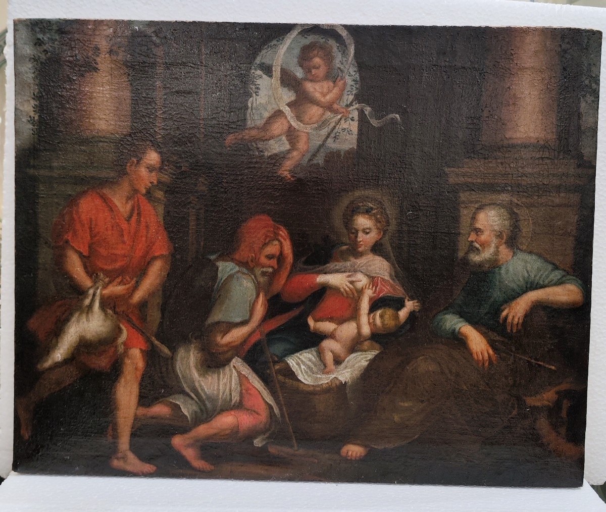 Dipinto olio su tela del XVII secolo Natività con adorazione dei pastori 