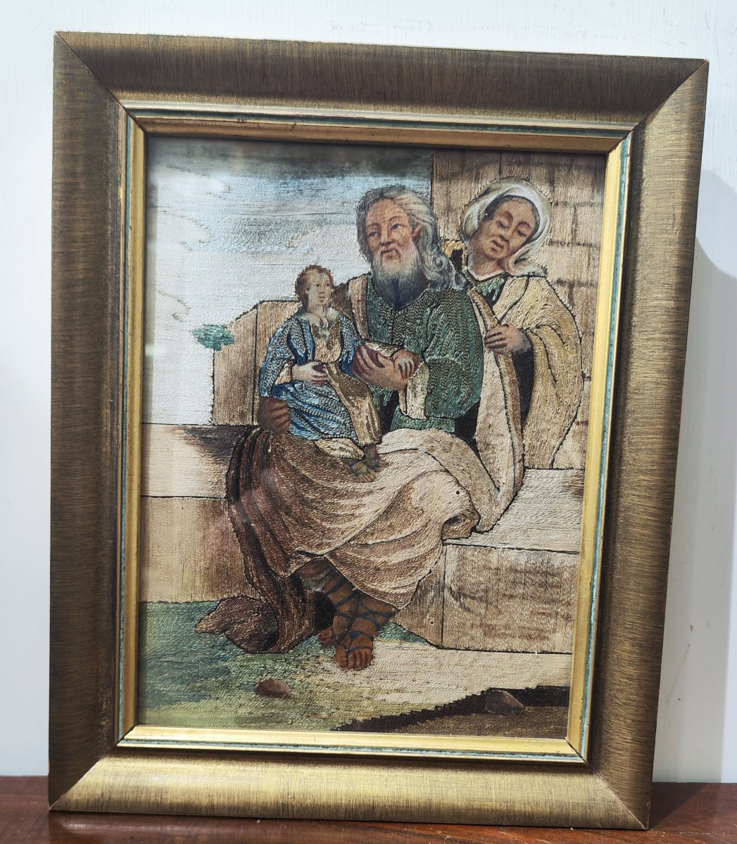 Due ricami a fili incollati, risalenti al XVIII secolo con Sant' Anna e la Vergine Maria-photo-4