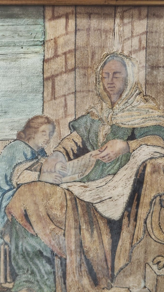 Due ricami a fili incollati, risalenti al XVIII secolo con Sant' Anna e la Vergine Maria-photo-3