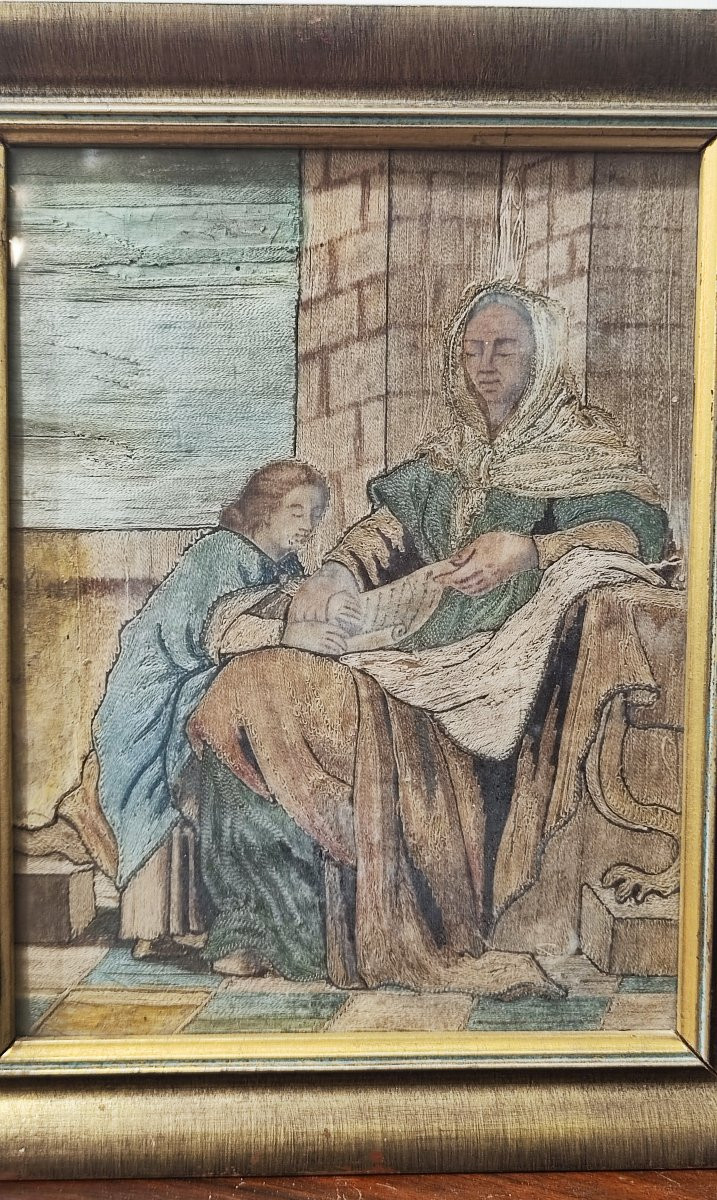 Due ricami a fili incollati, risalenti al XVIII secolo con Sant' Anna e la Vergine Maria-photo-4