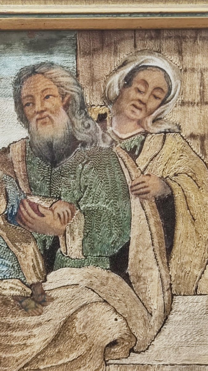 Due ricami a fili incollati, risalenti al XVIII secolo con Sant' Anna e la Vergine Maria-photo-7