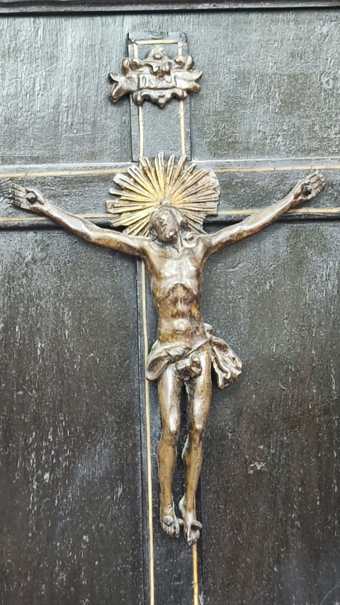 Cristo in bronzo in cornice in legno del XVII secolo-photo-2